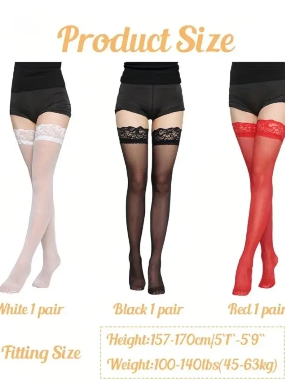 3Pairs Women'S Hold-Up Stockings Black White Red Thigh Highs with Anti-Slip Lace
